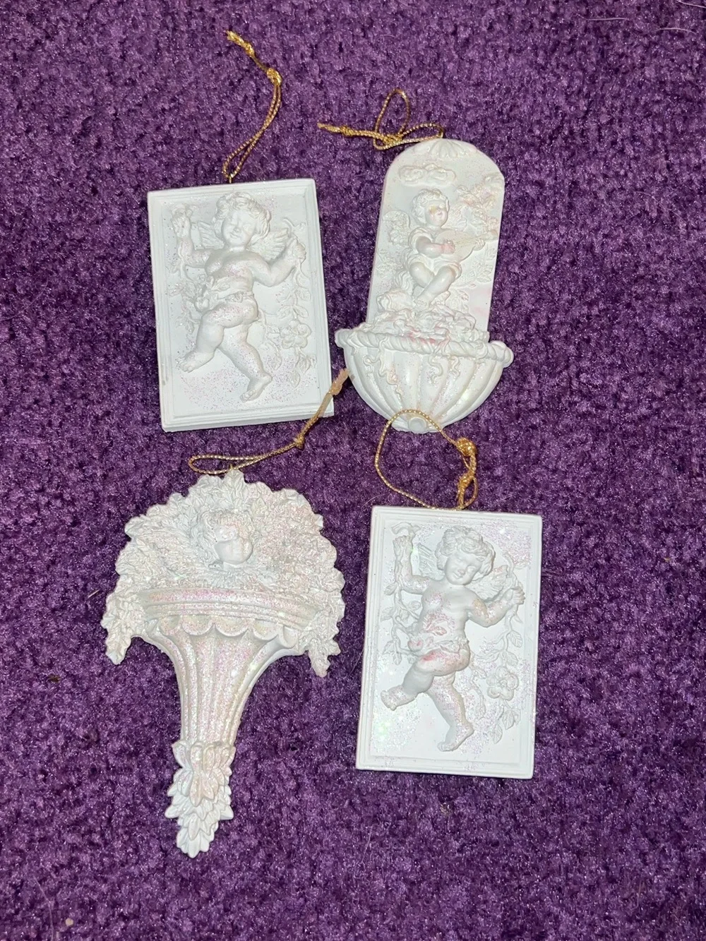 Vintage Baroque Ceramic Cherub Angel Holiday Christmas Ornaments White Glitter